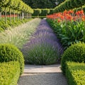 The setting suggests a formal European-style garden emphasizing Royalty Free Stock Photo