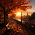 Setting sun bathes the city in golden hues, fall foliage