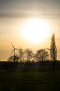 Sunset Over Wind Turbines and Winter Trees Royalty Free Stock Photo