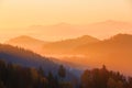 The setting sun colors the hills covered with autumn forest. Royalty Free Stock Photo