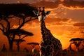 Setting sun illuminates a transformed landscape with a giraffe herd