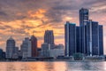 Detroit, Michigan Skyline Backlit By Sunset Colors