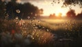 The setting sun over the meadow. Golden hour. The gentle rays of the sun illuminate the plants in the field. Royalty Free Stock Photo