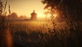 The setting sun over the meadow. Golden hour. The gentle rays of the sun illuminate the plants in the field. Royalty Free Stock Photo