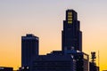 Setting sun over Omaha downtown buildings; WoodmenLife and FNBO Royalty Free Stock Photo