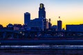 Setting sun over Omaha downtown buildings; WoodmenLife and FNBO Royalty Free Stock Photo