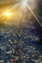 Setting sun and reflection on rails Royalty Free Stock Photo