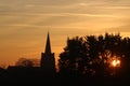 Sunset through tree silhouettes, church and spire