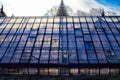 The setting sun shines over the glass roof of the greenhouse Royalty Free Stock Photo