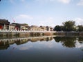 Architecture, sky, white clouds, lake Royalty Free Stock Photo