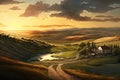 setting sun, with wide view of rolling hills and farmlands