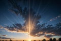 a setting sun wuth crepuscular rays setting over wet landscape- generated using ai