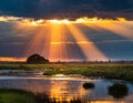 a setting sun wuth crepuscular rays setting over wet landscape - generated by ai