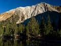 Setting sunlight on a rock mountain peak at a lake Royalty Free Stock Photo