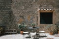 Setting of terrace of cafeteria or luxury hotel in Mallorca, Orient. one of the most beautiful villages in mallorca Royalty Free Stock Photo