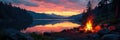 Setting up camp, dusk over tranquil lake, campfire ablaze , tent, shadows Royalty Free Stock Photo