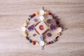 Setting up a semi precious stone crystal grid in home helps your intentions to manifest concept. Alternative lifestyle.