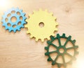 Settings gear icon, abstract and illustration of cog wheel against a wooden background. Innovation, development and Royalty Free Stock Photo