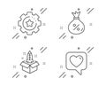 Settings gear, Loan and Startup icons set. Heart sign. Technology process, Money bag, Innovation. Like rating. Vector