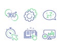 Settings gears, 360 degree and Technical documentation icons set. Timer, Sleep and Candlestick chart signs. Vector