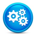 Settings gears icon glass shiny blue round button isolated design vector illustration