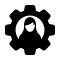 Settings icon vector female person profile avatar with gear cogwheel for configuration in flat color glyph pictogram Royalty Free Stock Photo