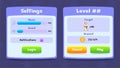 Settings and Level menu pop up with buttons and icons. Set of user interface GUI to build 2D games. Can be used in Royalty Free Stock Photo