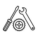 Settings, Screwdriver, Wrench and gear icon vector. Tool icon isolated on white. Service symbol. Flat contour icon. Royalty Free Stock Photo