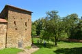 Courtyard of the fortified medieval church in the village Mesendorf Meschenderf, Meschendorf, Mesche