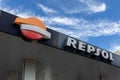 Repsol logo sign on the canopy. Repsol is a global multi-energy provider.