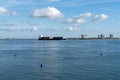 Large freight ship leaving the industrial port at Setubal for a transatlantic crossing