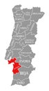 Setubal red highlighted in map of Portugal