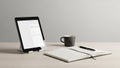 The setup is arranged on a light wooden desk against a plain gray Royalty Free Stock Photo