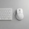 Setup featuring a white wireless keyboard, mouse, and USB receiver on Royalty Free Stock Photo