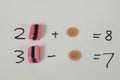 Setup with graphic presentation of two equations with two unknown, using objects as the unknown value