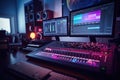 Setup With Two Monitors and Keyboard for Efficient, View of a modern music record studio control desk with a computer screen Royalty Free Stock Photo