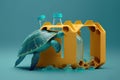 seturtle struggles to free itself from plastic six-pack holder, tragic symbol of the danger of plastic pollution to