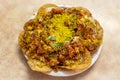 Sev Batata Puri OR Papdi chat is a popular Calcutta street food, a type of chaat, crispy, tangy, moderately healthy Selective