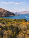 Sevan Lake, Armenia, beautiful aerial panoramic view of Sevan Lake, Gegharkunik Province, with Sevanavank monastery chapel in a Royalty Free Stock Photo