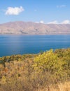Sevan Lake, Armenia, beautiful aerial panoramic view of Sevan Lake, Gegharkunik Province, with Sevanavank monastery chapel in a Royalty Free Stock Photo