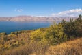Sevan Lake, Armenia, beautiful aerial panoramic view of Sevan Lake, Gegharkunik Province, with Sevanavank monastery chapel in a Royalty Free Stock Photo