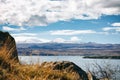 Sevan lake and white clouds blue sky on a sunny day, Armenia Royalty Free Stock Photo