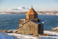 Sevanavank temple complex on Lake Sevan in winter day