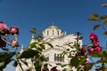 Sevastopol Crimea Chersonesos 09 June 2019. Vladimir Cathedral surrounded by roses view from below Royalty Free Stock Photo