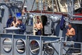 Crew or sailors on board of military cruiser `Moscow` in Sevastopol bay.