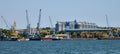 Sevastopol, Crimea - July 3, 2019. Grain terminal and Dock bay with cranes for ship repair Royalty Free Stock Photo