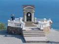 Sevastopol, Crimea - July 3. The memorial sign in honor of visit to St. George Monastery of poet Alexander Pushkin