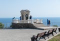 Sevastopol, Crimea - July 3. The memorial sign in honor of visit to St. George Monastery of poet Alexander Pushkin