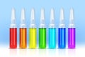 Seven ampoules with colored solution inside