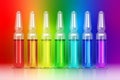 Seven ampoules with colored solutions inside